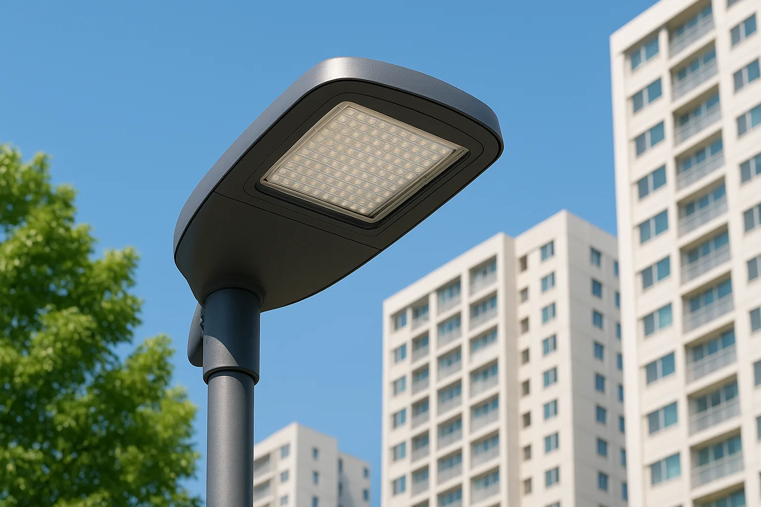 아파트 단지 가로등 기둥 위 LED 등기구 헤드