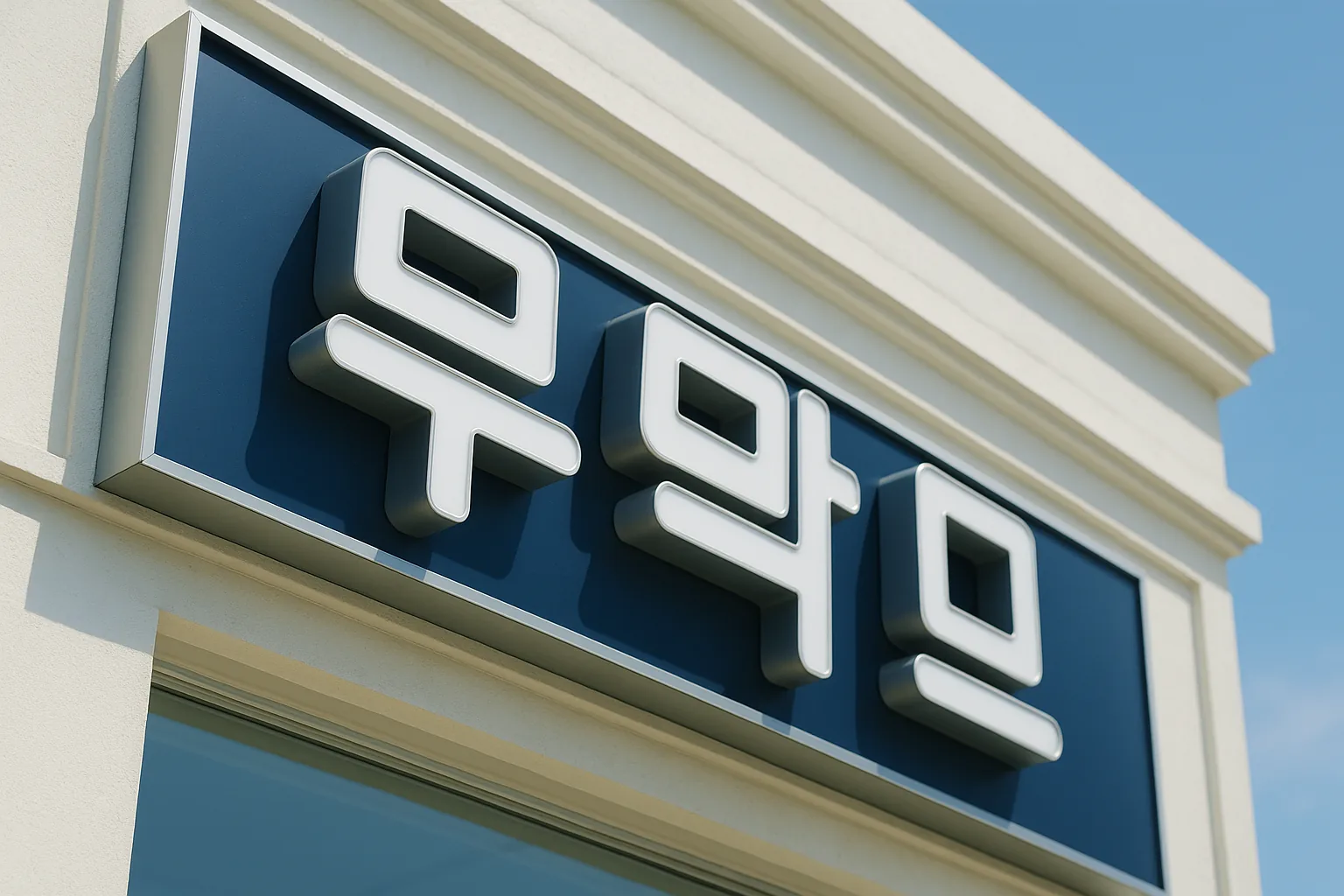 비스듬히 본 미용실 LED 채널 간판의 빛과 프레임